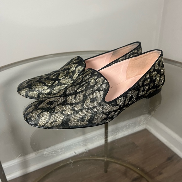 J. Crew Smoking Slippers Loafer Flats Black Gold Leopard Print Metallic Size 8 - Picture 3 of 5